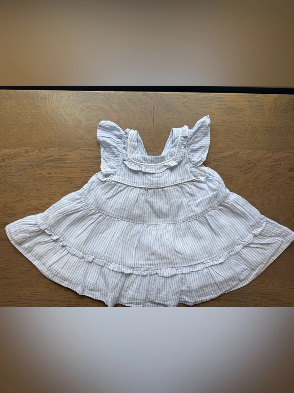 Janie and Jack Striped Light Blue Ruffle Baby Dress with Matching Bloomers -3-6M